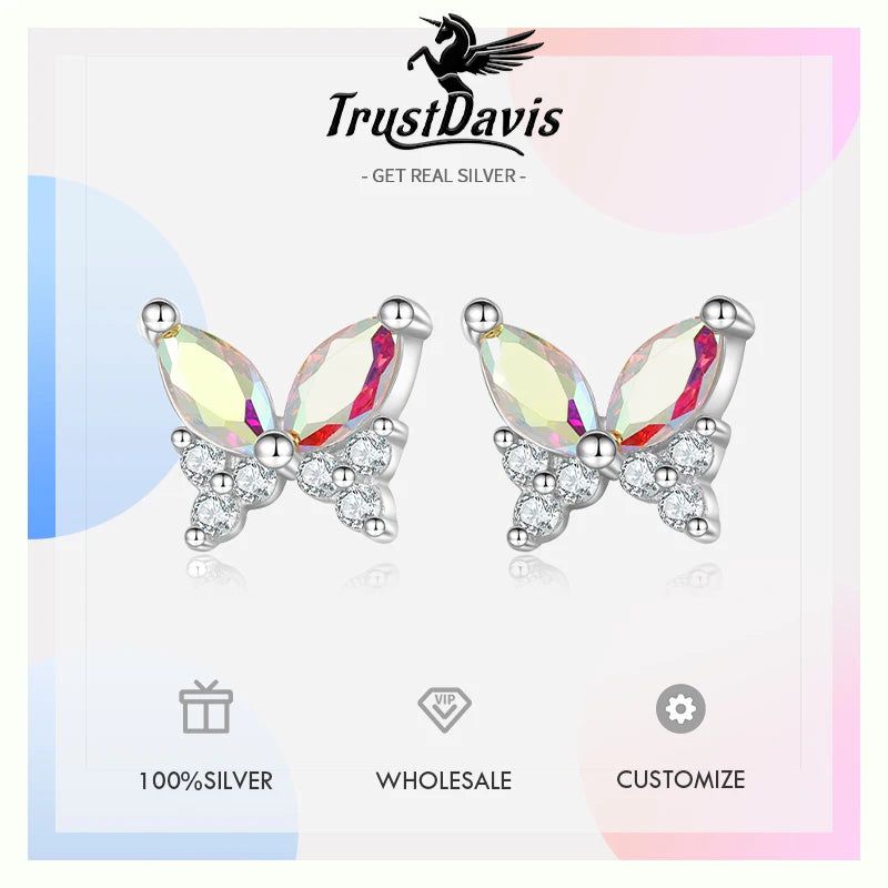 TrustDavis 2024 Real 925 Sterling Silver Romantic Butterfly CZ Stud Earring For Women Daughter Birthday Gift Fine Jewelry DS4609