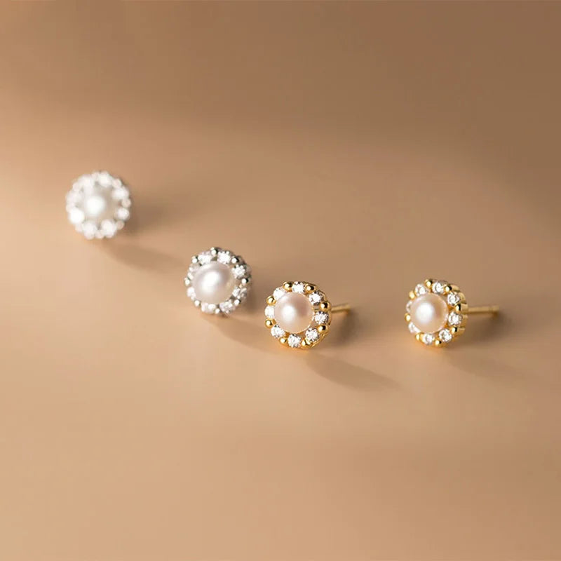 Charming Zircon Round Freshwater Pearl Stud Earring A2140