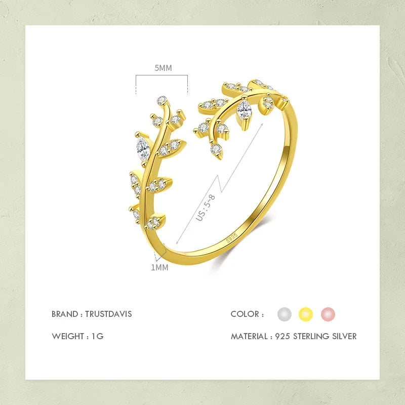 Fashion Leaves Shiny CZ Opening Ring 6 7 8 DA226