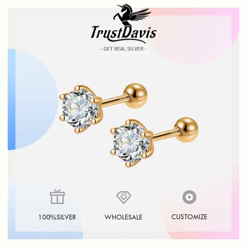 Fashion Gold Six Claw 3/4/5mm CZ Screw Stud Earrings DA2712