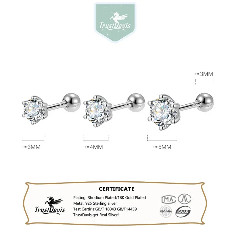 Fashion Gold Six Claw 3/4/5mm CZ Screw Stud Earrings DA2712