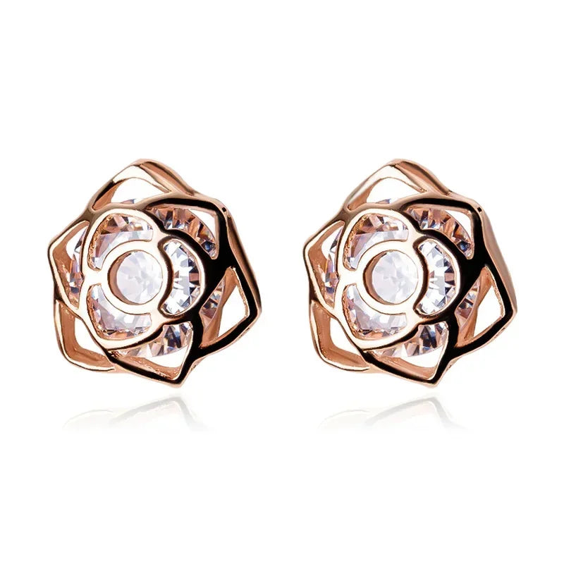 Fashion Rose Flower Shiny CZ Stud Earrings DG0141