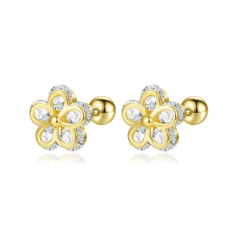 Flower Shiny CZ Bead Screw Stud Earrings DA2960