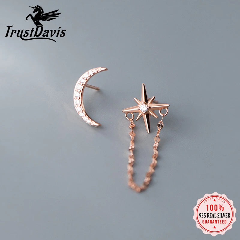 Fashion Asymmetric Moon Star Chain Stud Earrings DS1125