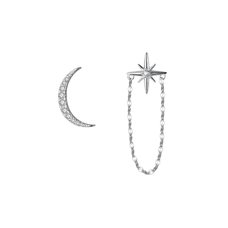 Fashion Asymmetric Moon Star Chain Stud Earrings DS1125