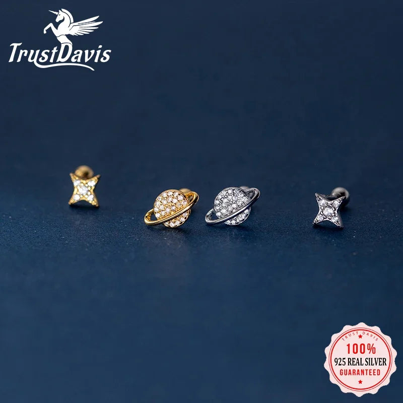 Fashion Asymmetric Planet Star CZ Screw Stud Earrings DA2514