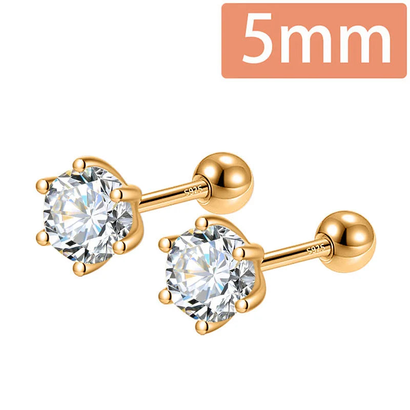 Gold Six Claw 3/4/5mm CZ Screw Stud Earrings DA2712
