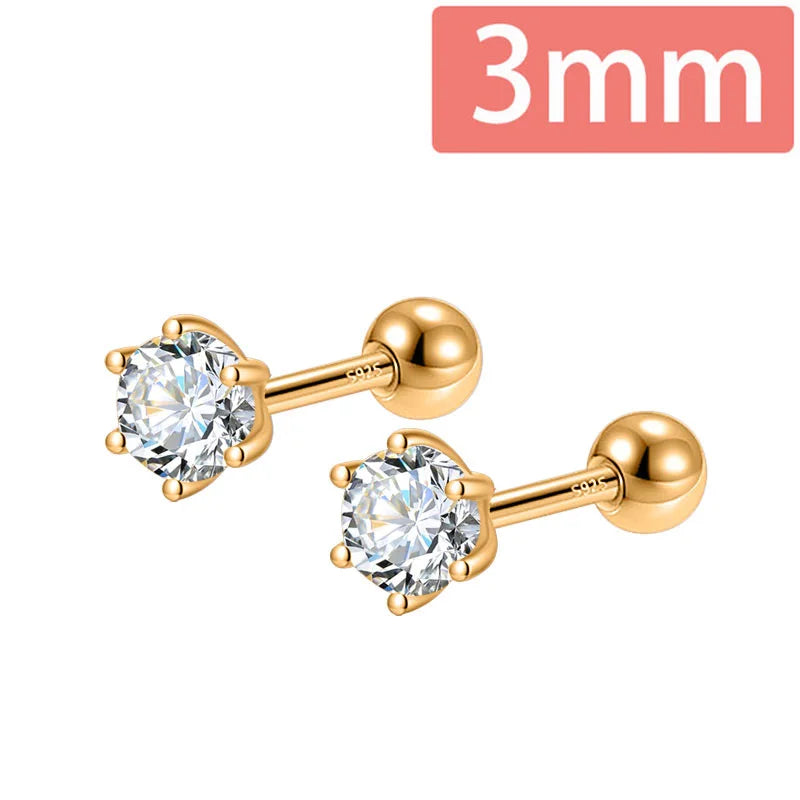 Gold Six Claw 3/4/5mm CZ Screw Stud Earrings DA2712
