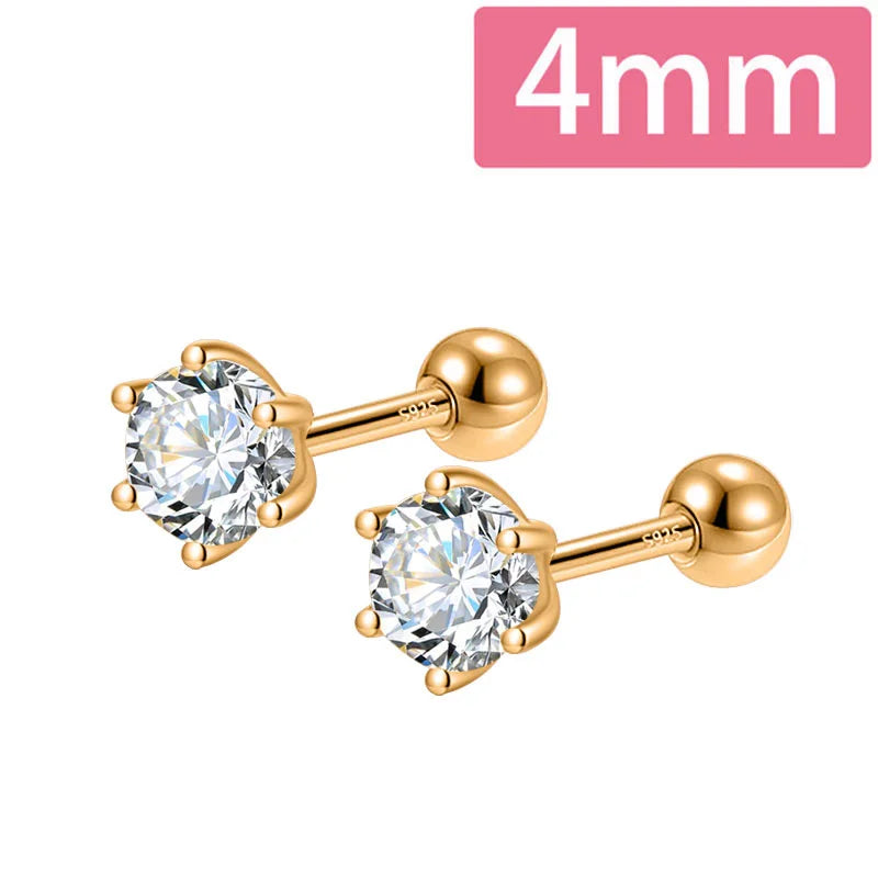 Gold Six Claw 3/4/5mm CZ Screw Stud Earrings DA2712
