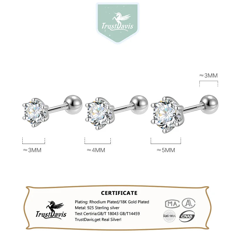 Gold Six Claw 3/4/5mm CZ Screw Stud Earrings DA2712