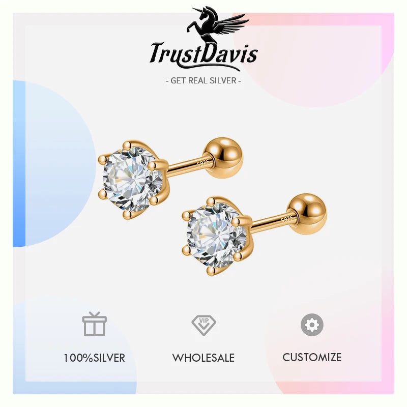 Gold Six Claw 3/4/5mm CZ Screw Stud Earrings DA2712