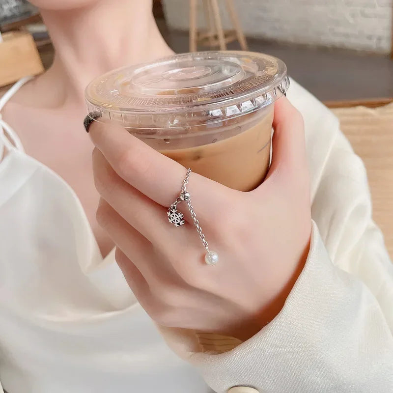 Romantic Heart Snowflake Beads Chain Ring DA2585