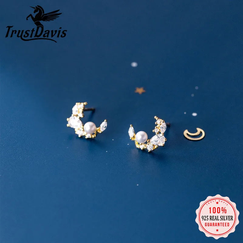 Fashion Sweet Moon Synthesis Pearl CZ Stud Earrings DB1097