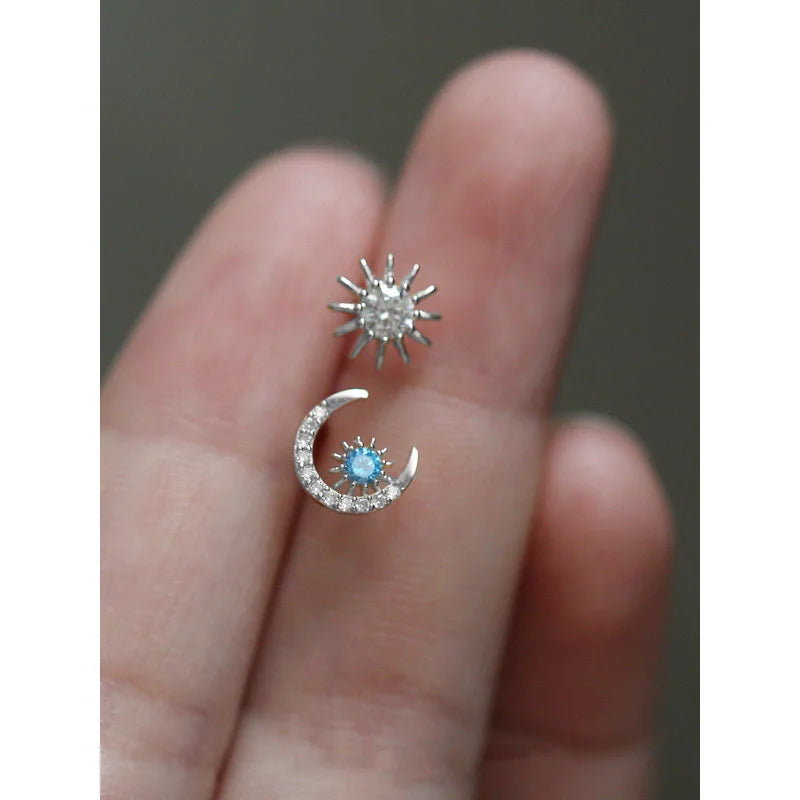 Sweet Asymmetry Twinkling CZ Moon Star Stud Earring DA2141
