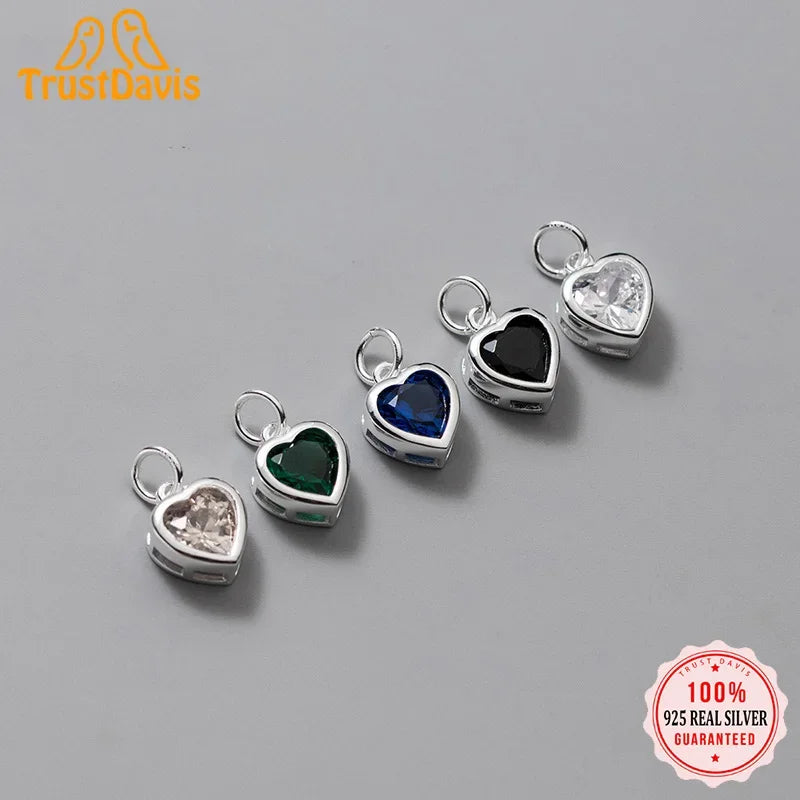 TrustDavis Real 925 Sterling Silver Sweet Romantic Colour CZ Heart Pendant Handmade DIY Necklace Accessories Fine Jewelry HY850