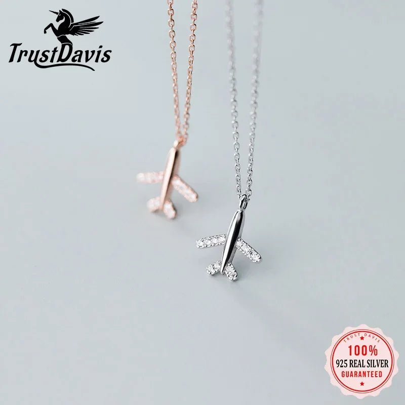 Fashion Travel Plane Twinkling CZ Pendant Short Necklace DA805