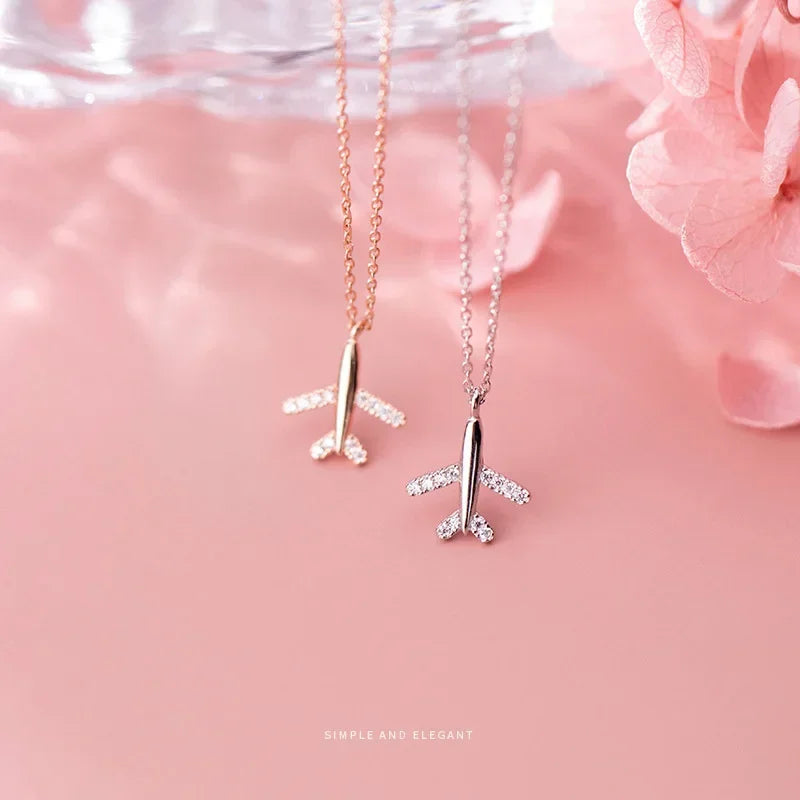 Fashion Travel Plane Twinkling CZ Pendant Short Necklace DA805