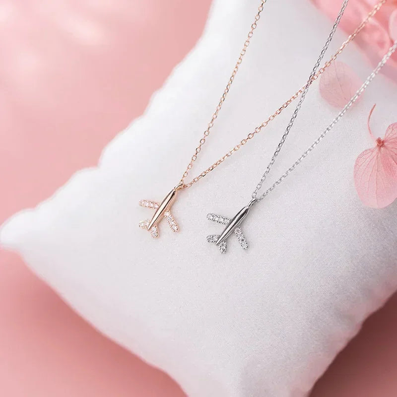 Fashion Travel Plane Twinkling CZ Pendant Short Necklace DA805