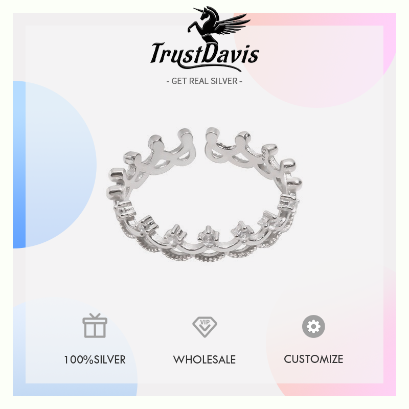 TrustDavis 925 Sterling Silver Fashionable and Luxurious Crown Open Ring for Women Girls Jewelry Gift DS4795
