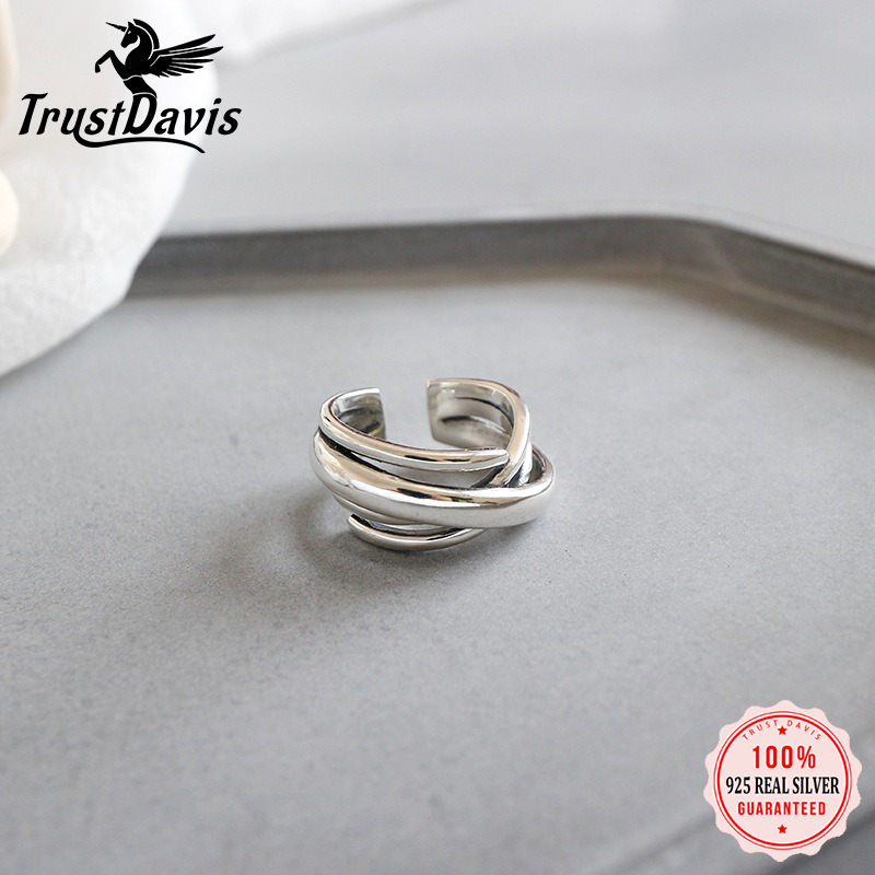 TrustDavis Real 925 Sterling Silver Vintage Multi-layered Irregular Faceted Open Ring for Women Girls Fine Jewelry Gift DS4776