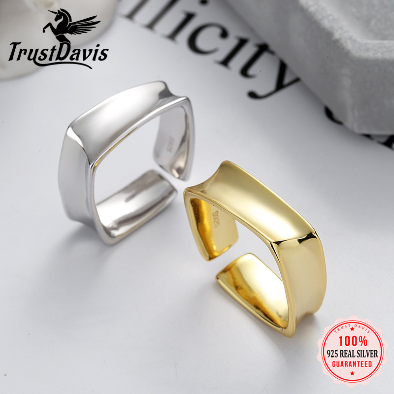 TrustDavis Real 925 Sterling Silver Fashionable Simple Wide-faced Square Open Ring for Women Girls Fine Jewelry Gift DS4775