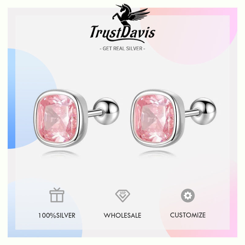 TrustDavis Real 999 Sterling Silver Sweet Geometric CZ Screw Stud Earrings for Women Girls Birthday Fine Jewelry DS4052