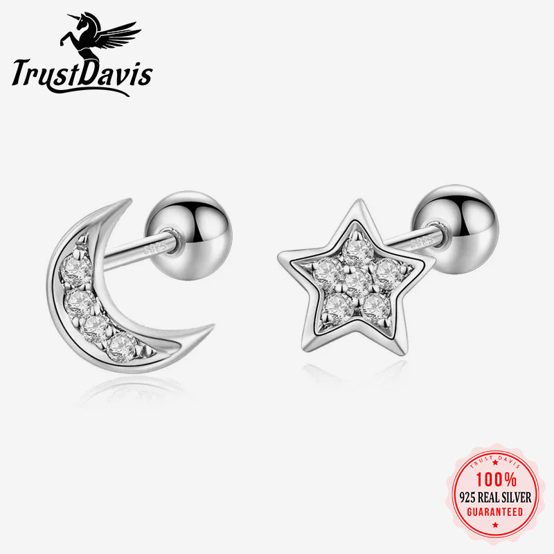 Fashion Moon Star CZ Beads Screw Stud Earring DA3019