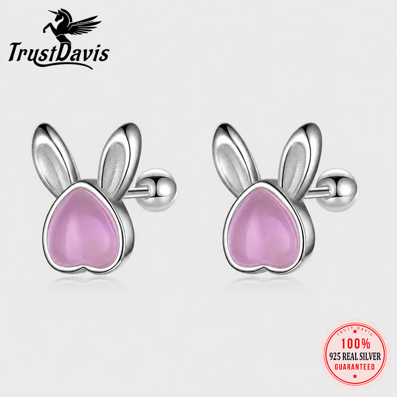 Kids Animal Rabbit Moonstone Screw Stud Earrings DF2044