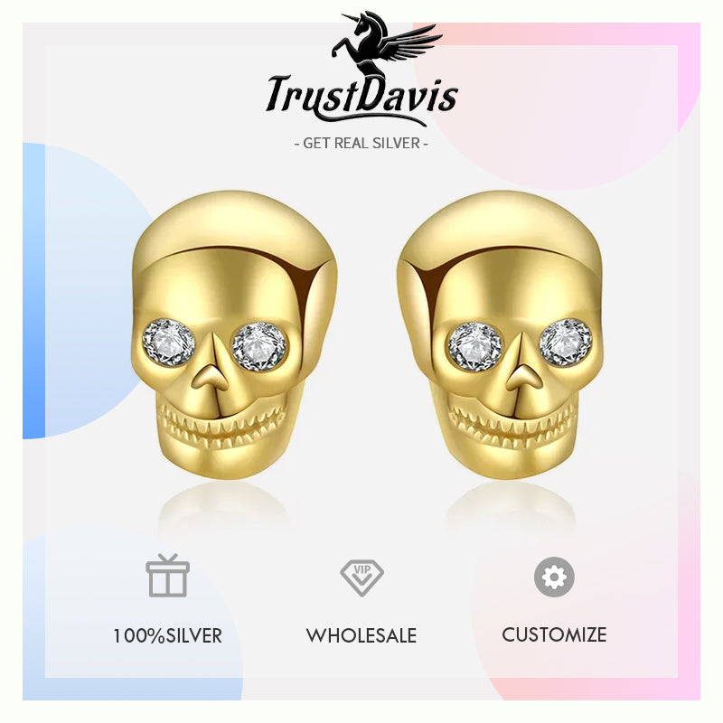 Gold SKull Head Skeleton CZ Screw Stud Earrings DA3188