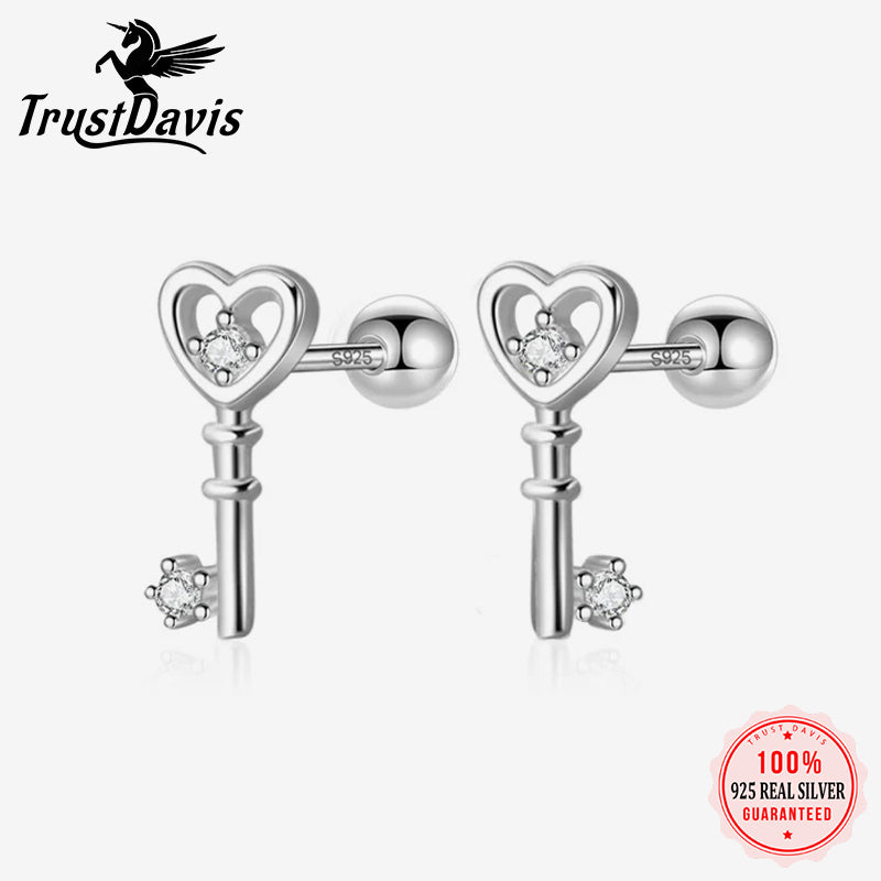 Love Gift Heart Key CZ  Screw Stud Earrings DS3378