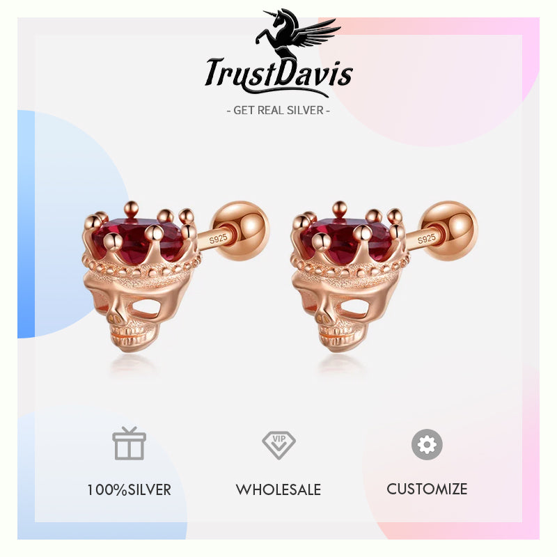 Red Zircon Crown Skull Head Screw Stud Earrings DF2028