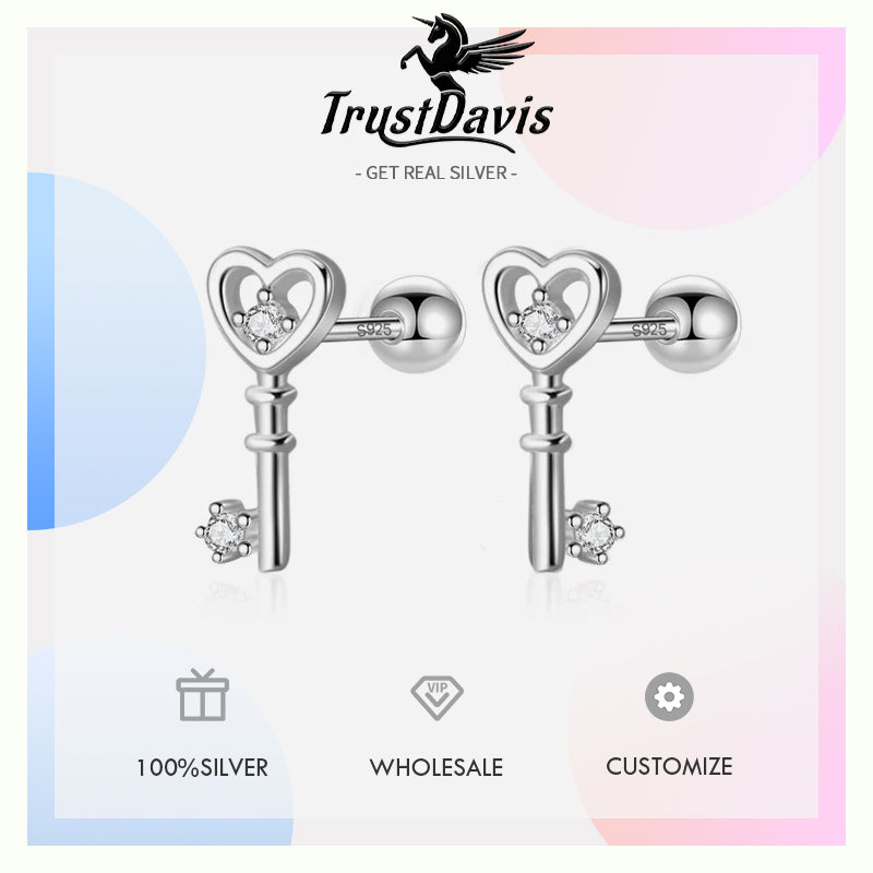 Love Gift Heart Key CZ  Screw Stud Earrings DS3378