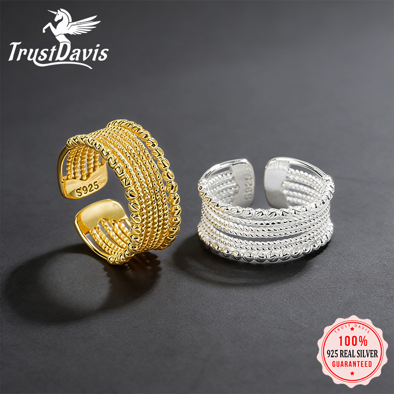 TrustDavis Real 925 Sterling Silver Fashionable and Minimalist Wide-faced Woven Adjustable Ring for Women Girls Fine Jewelry Gift DS4782