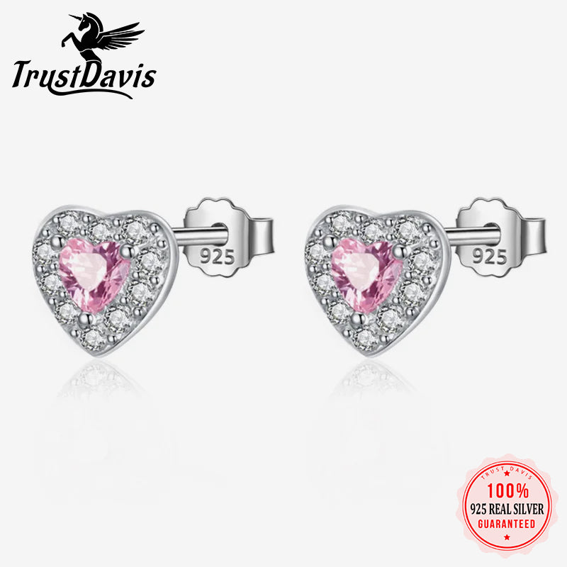 Cute Pink Love Heart CZ Stud Earrings DS3828