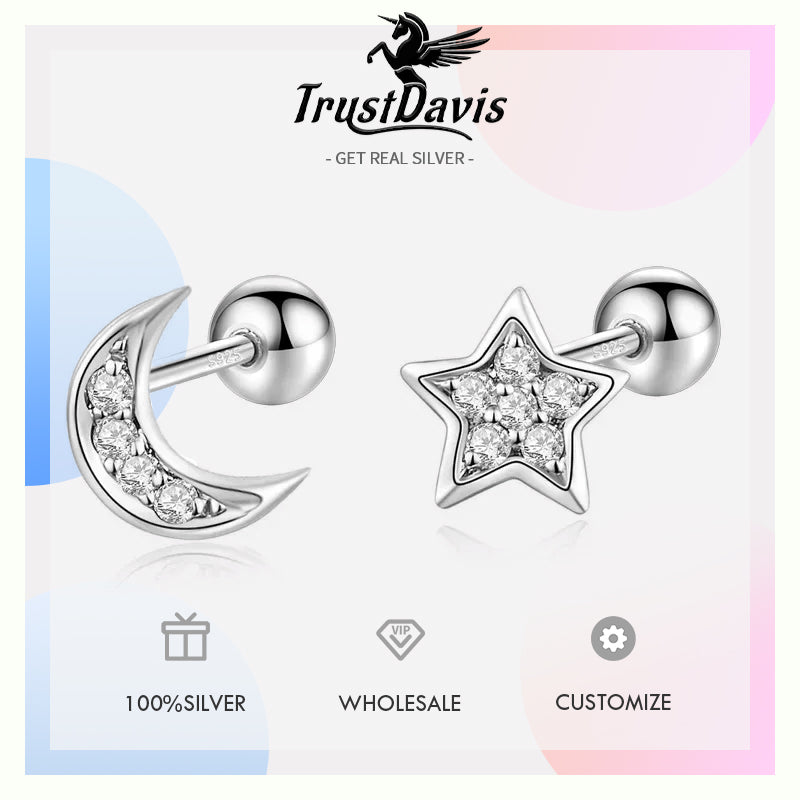 Fashion Moon Star CZ Beads Screw Stud Earring DA3019