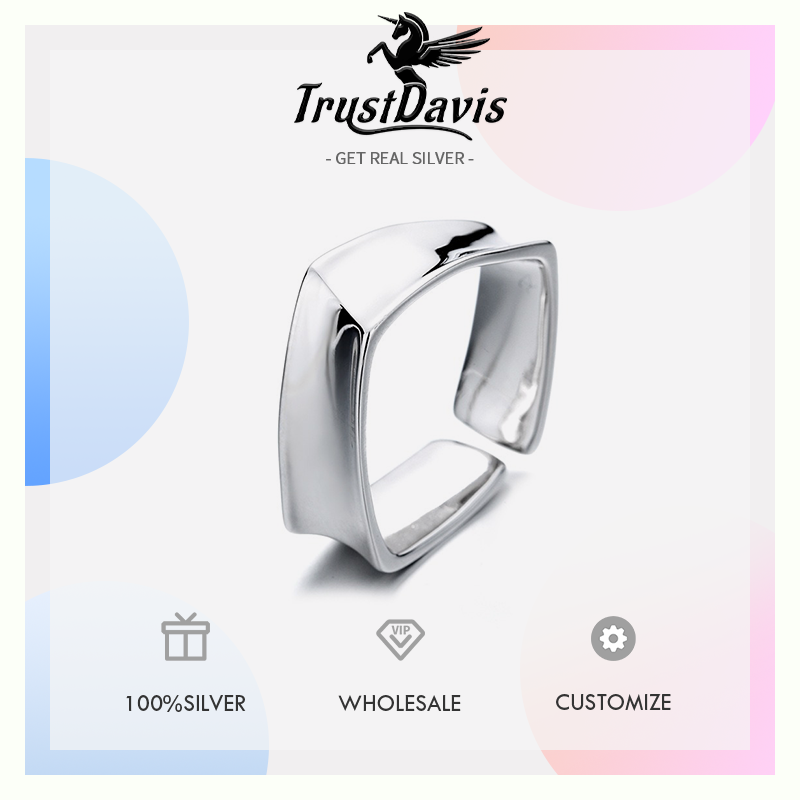 TrustDavis Real 925 Sterling Silver Fashionable Simple Wide-faced Square Open Ring for Women Girls Fine Jewelry Gift DS4775