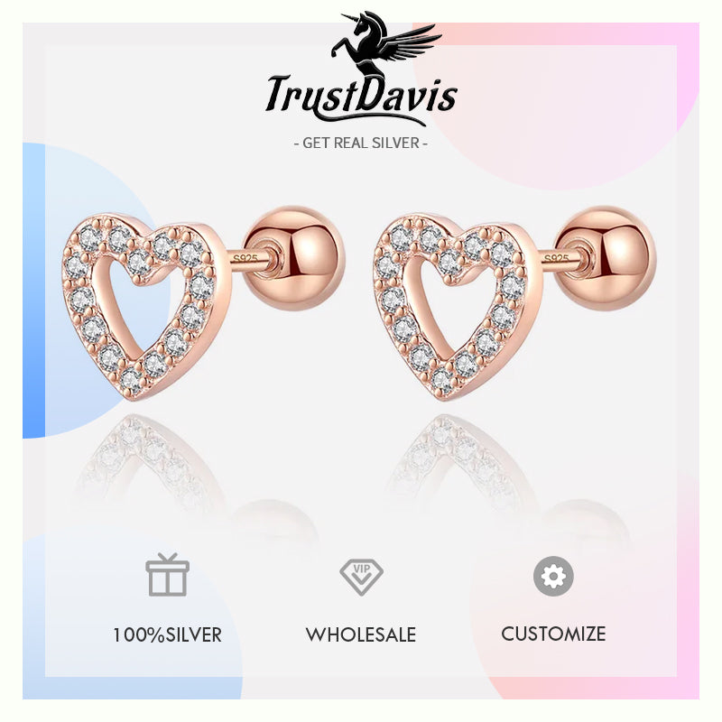 Romantic Heart Shiny CZ Beads Screw Stud Earrings DA2249