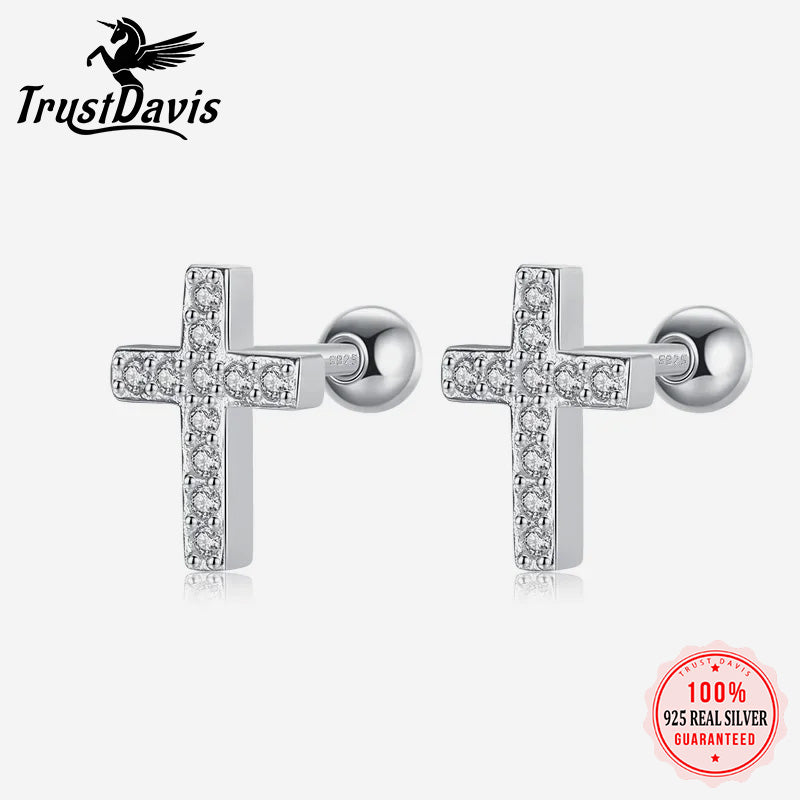 Cross Shiny CZ Bead Screw Stud Earrings DS1136