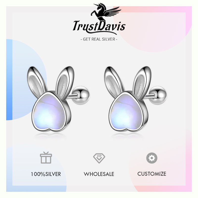 Kids Animal Rabbit Moonstone Screw Stud Earrings DF2044