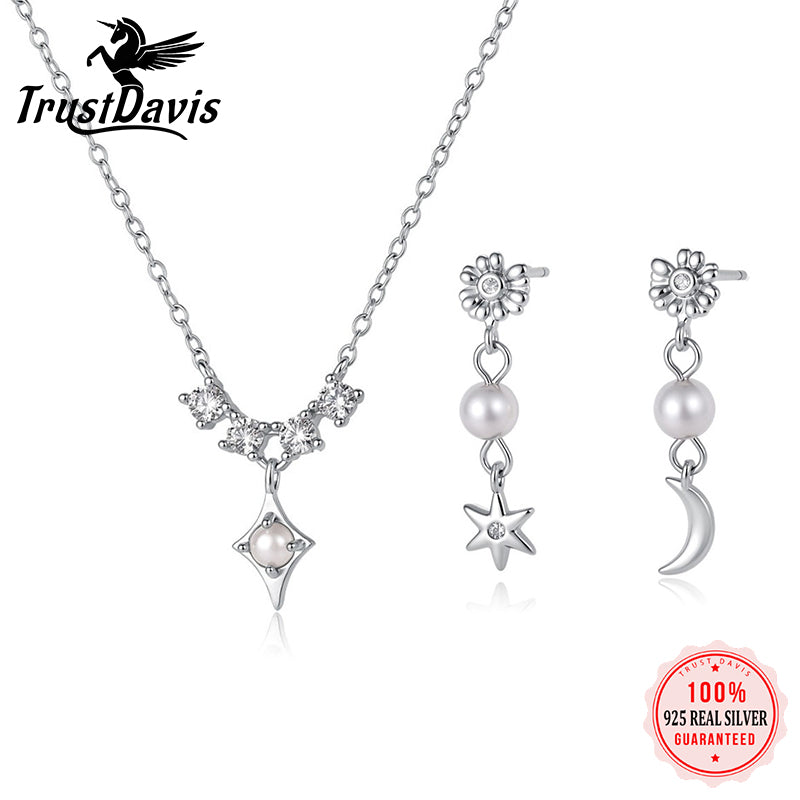 Star Moon Pearl Stud Earring Necklace Set DS4918