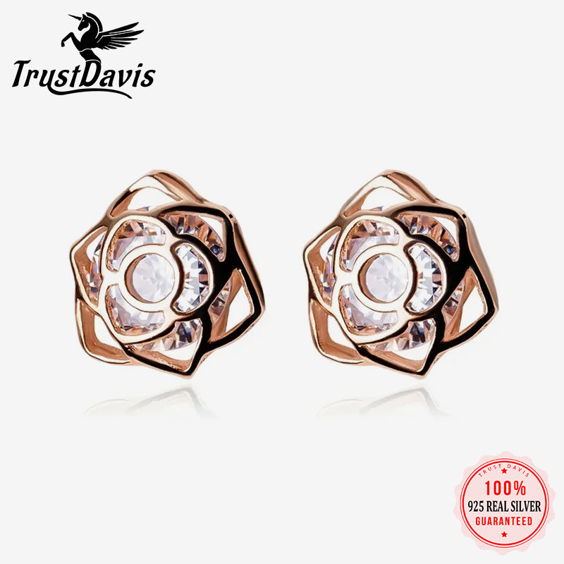 Fashion Rose Flower Shiny CZ Stud Earrings DA219