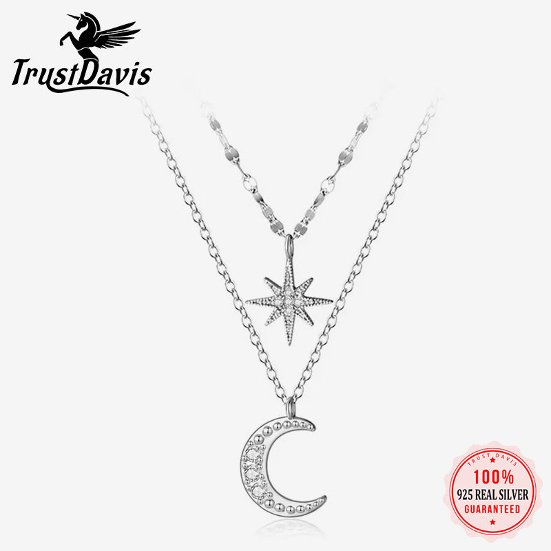 Double Beads Chain Star Moon CZ Choker Necklace DA1321