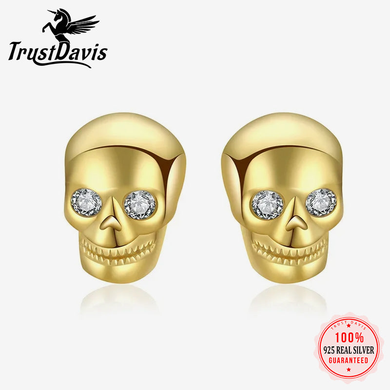 Gold SKull Head Skeleton CZ Screw Stud Earrings DA3188