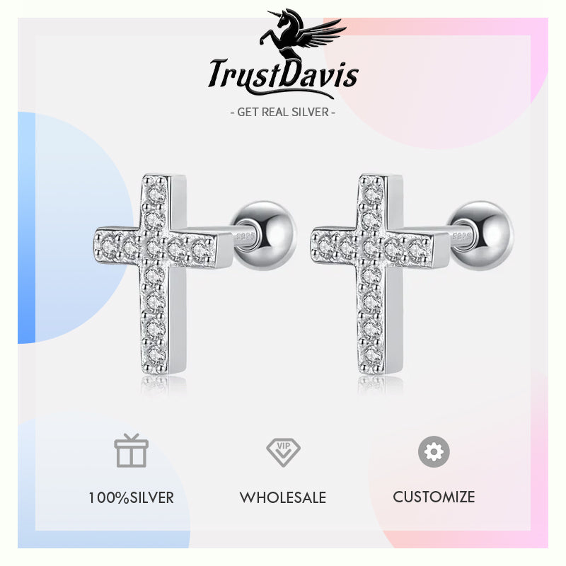 Cross Shiny CZ Bead Screw Stud Earrings DS1136