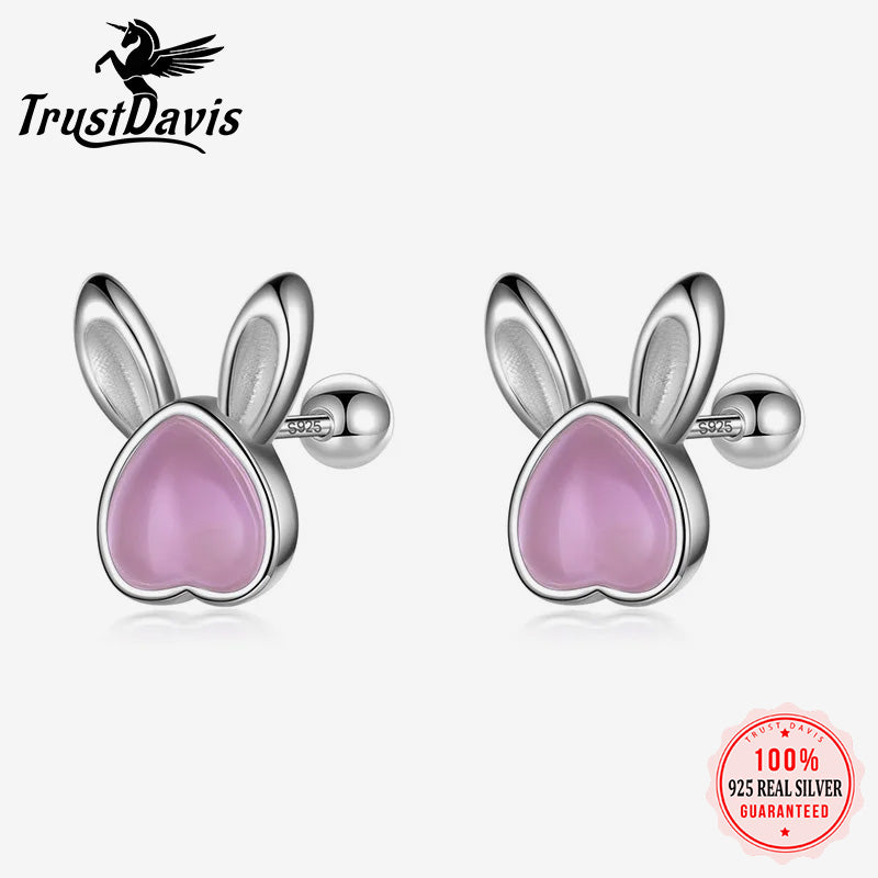 Kids Animal Rabbit Moonstone Screw Stud Earrings DF2044