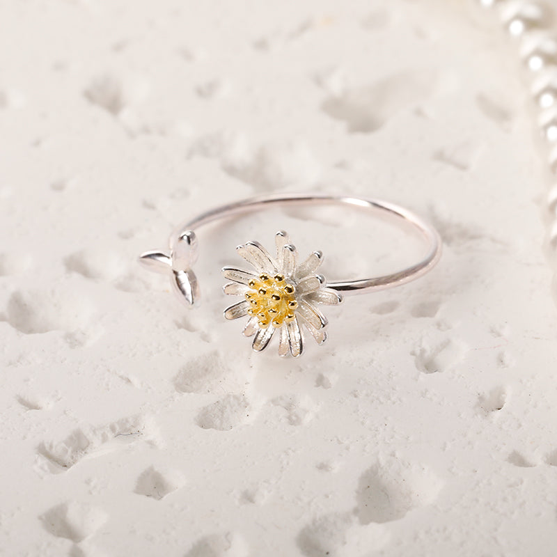 TrustDavis 925 Sterling Silver Women's Fashion Open Daisy Ring Sunflower Adjustable Ring for Women Grils Gift Jewelry DS4470