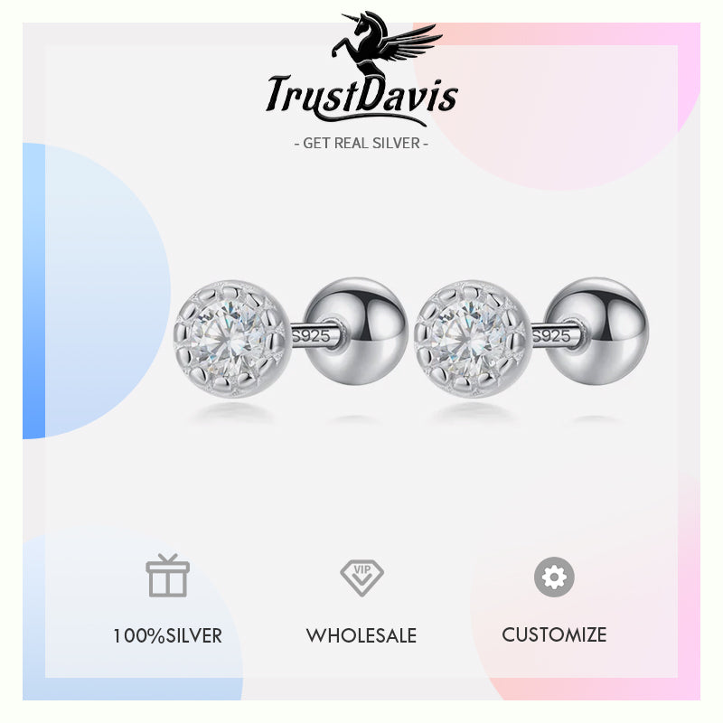 White CZ Bead Screw Stud Earrings DE0007