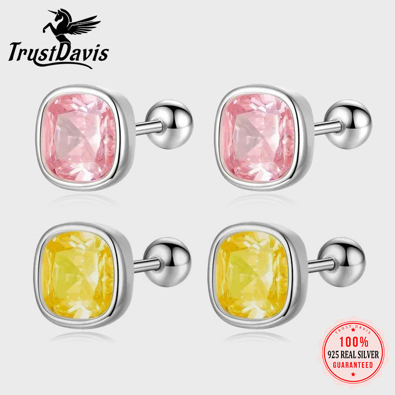 TrustDavis Real 999 Sterling Silver Sweet Geometric CZ Screw Stud Earrings for Women Girls Birthday Fine Jewelry DS4052