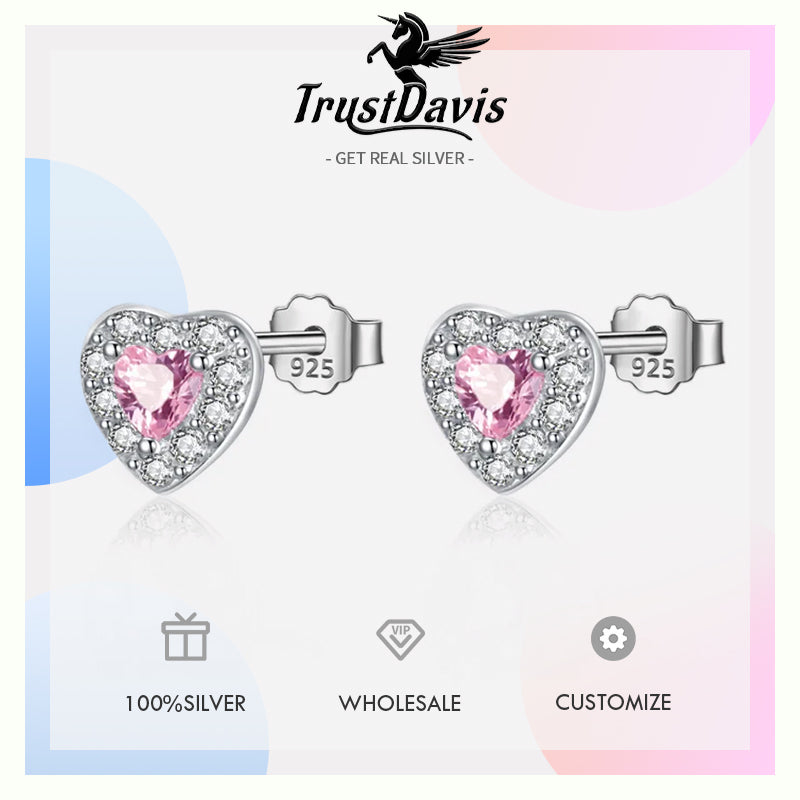 Cute Pink Love Heart CZ Stud Earrings DS3828