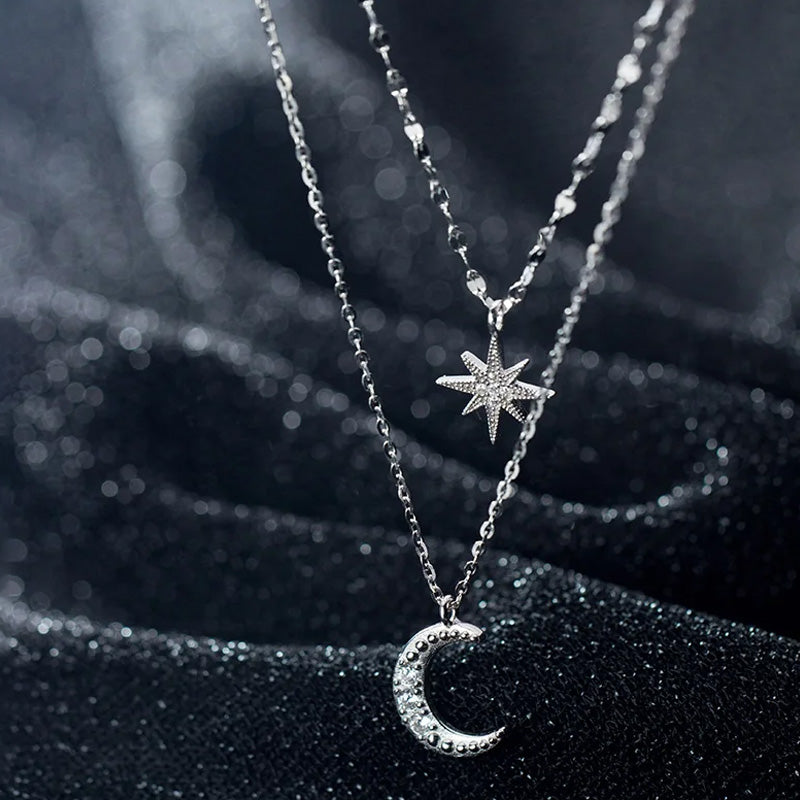 Double Beads Chain Star Moon CZ Choker Necklace DA1321